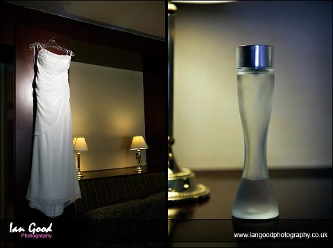 Wedding dress and perfume bottle at Basingstoke Country Hotel