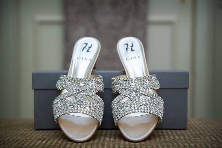 shot of brides shoes at Tylney Hall