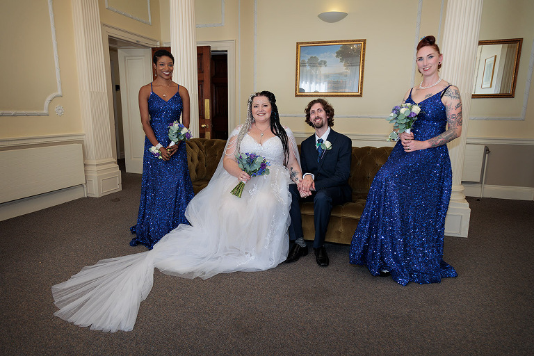 Bride and groom with bridesmaids at Basingstoke wedding